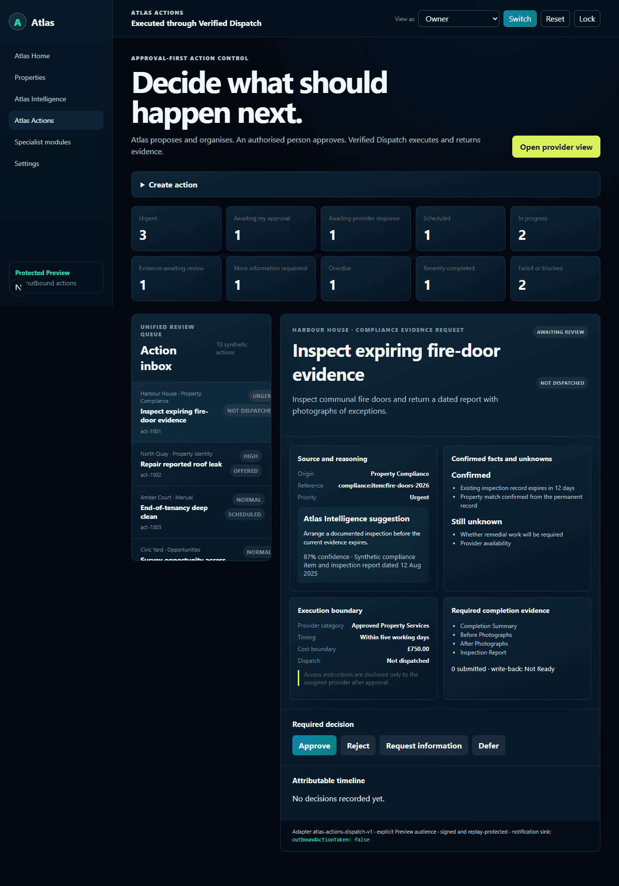 Rendered Atlas Actions demonstration showing a property action awaiting approval