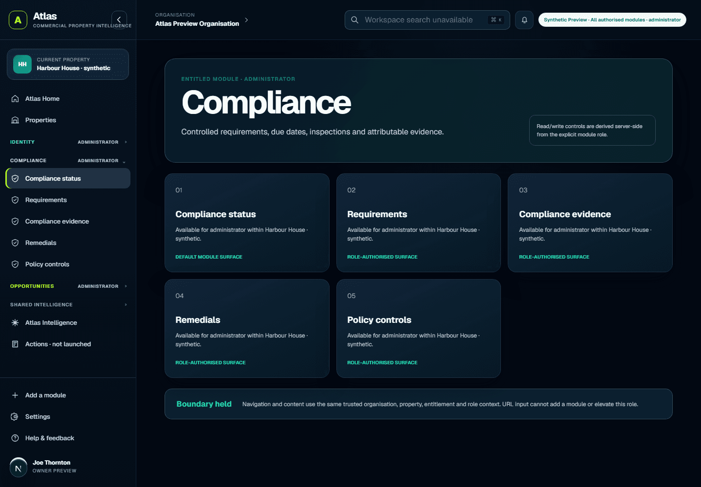 Rendered Atlas Compliance module showing fictional demonstration requirements and evidence surfaces