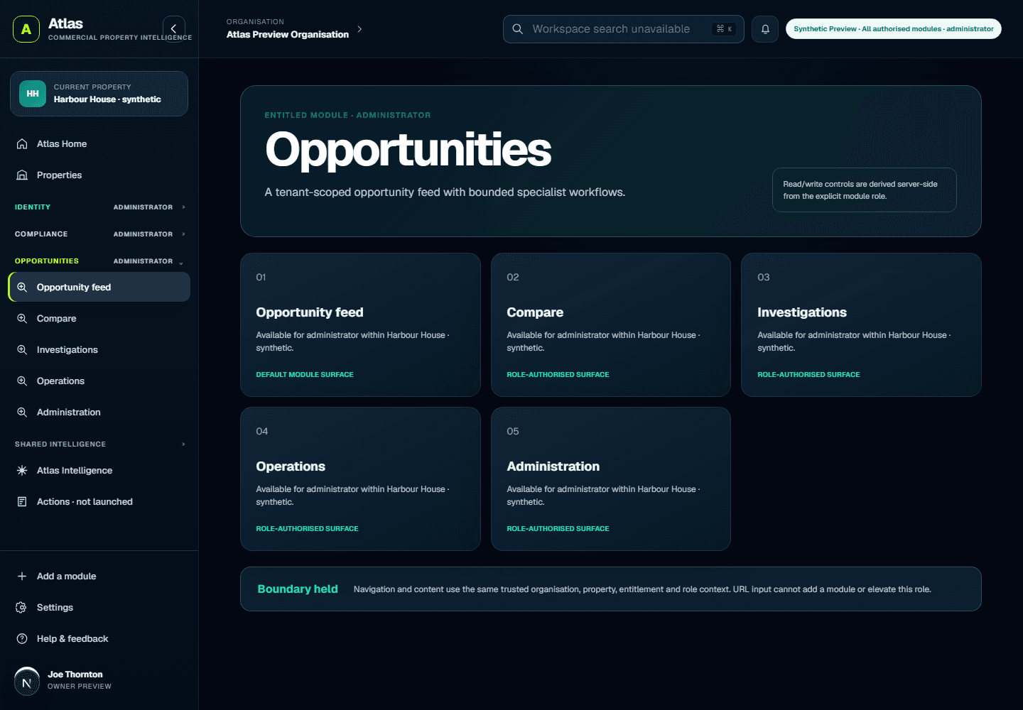 Rendered Atlas Opportunities module showing a fictional demonstration opportunity workspace