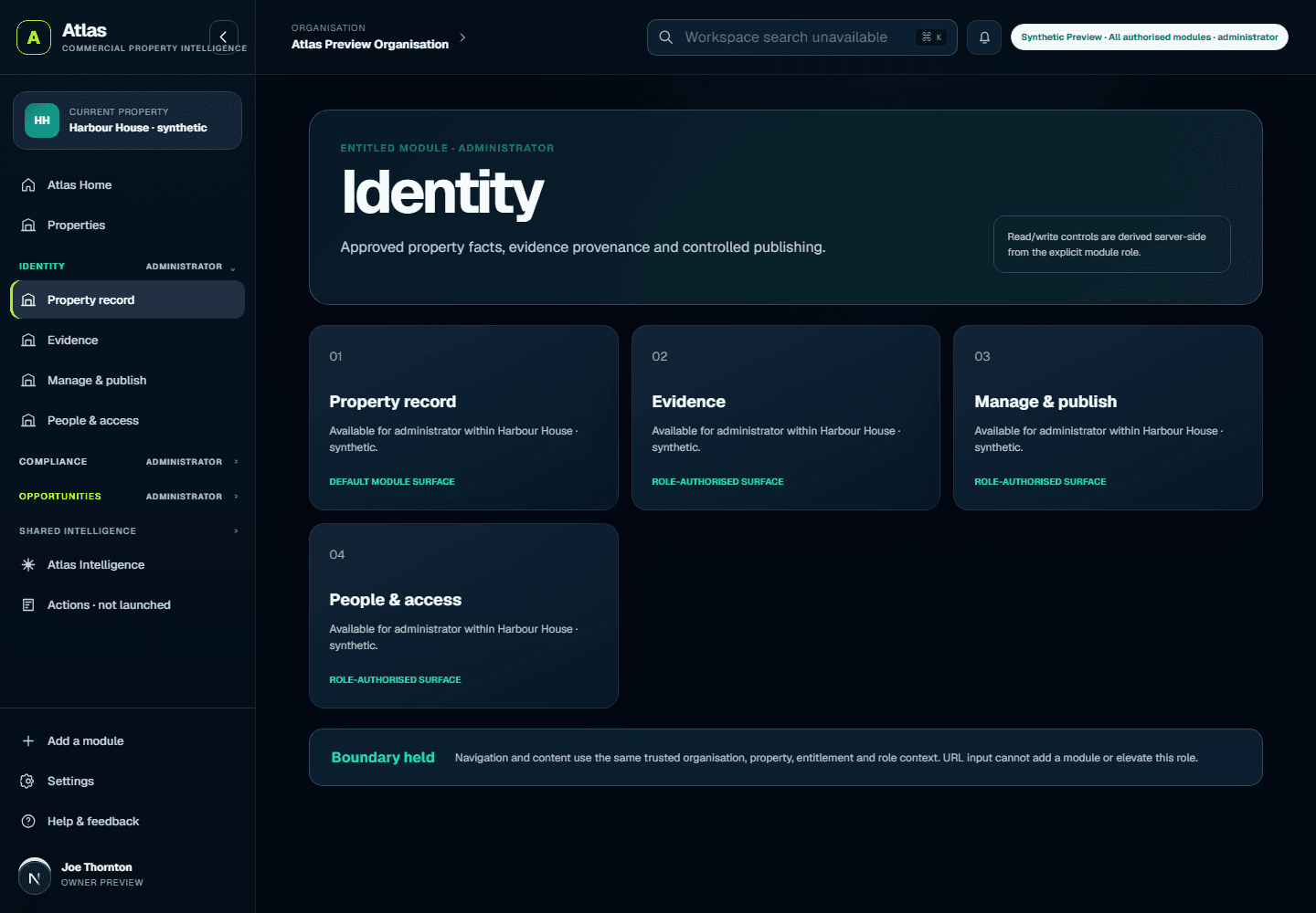 Rendered Atlas Property Identity module showing a fictional demonstration property and authorised surfaces