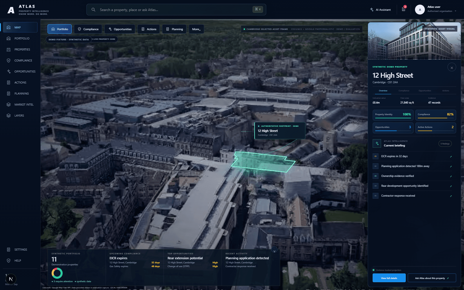 Atlas Spatial showing a fictional selected Cambridge property in Google Photorealistic 3D context with portfolio intelligence